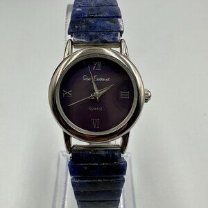 Gem Essence Watch Women Purple Dial Silver Tone Blue Stone Stretch Band Works